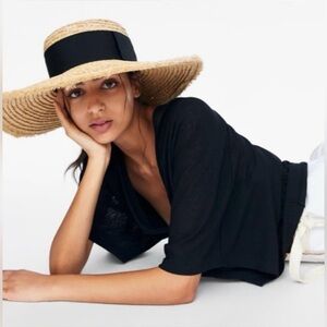 Zara straw hat raffia wide brim raw frayed black band ribbon boho beach sun NWT
